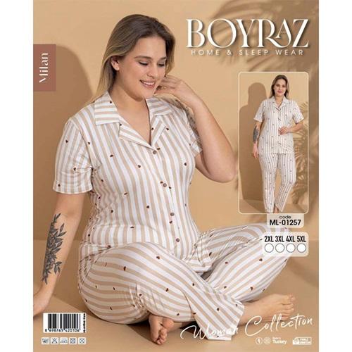 Boyraz Ml-01257 Bayan Battal Milan Desenli Boydan Düğmeli Kısa Kol Pijama Takımı 2XL-5XL