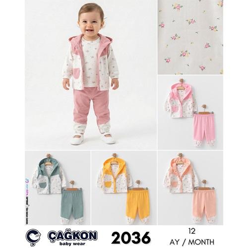 Çağkon 2036 Kız Çocuk Penye Çiçek Baskılı Kapşonlu Yelekli 3 lü Takım 1 Yaş - Karışık Renk - 0-1 YAŞ