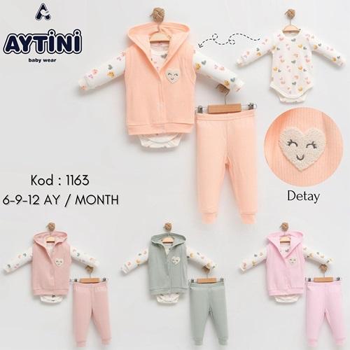 Aytini 1163 Kız Çocuk Penye Süzine Kalp Nakışlı Kapşonlu Yelekli 3 lü Takım 6-12 Ay