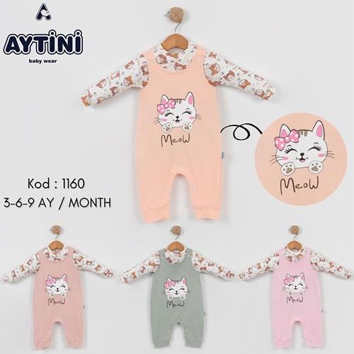 Aytini 1160 Kız Bebe Penye Sevimli Kedi Baskılı Tulum 3-6-9 Ay