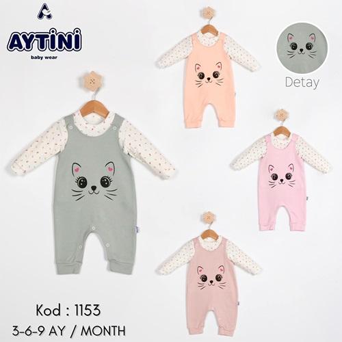 Aytini 1153 Kız Bebe Penye Sevimli Kedi Baskılı Tulum 3-6-9 Ay
