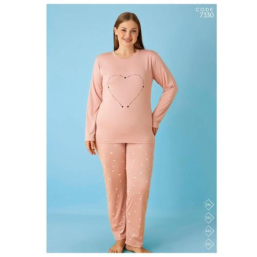 Selina 7330 Bayan Battal Milan Desenli Uzun Kol Pijama Takımı 2XL-5XL - Karışık Renk - 2XL-3XL-4XL-5XL