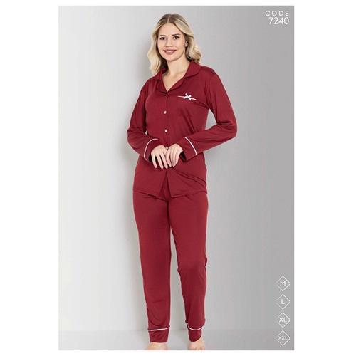 Selina 7240 Bayan Milan Desenli Boydan Düğmeli Arabiyeli Pijama Takımı M-2XL - Karışık Renk - M-L-XL-2XL