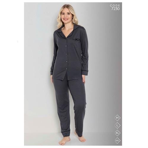 Selina 7230 Bayan Milan Desenli Boydan Düğmeli Arabiyeli Pijama Takımı M-2XL - Karışık Renk - M-L-XL-2XL