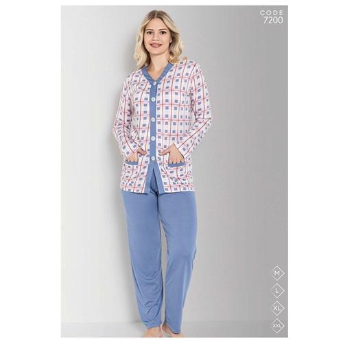 Selina 7200 Bayan Milan Desenli Boydan Düğmeli Arabiyeli Pijama Takımı M-2XL - Karışık Renk - M-L-XL-2XL