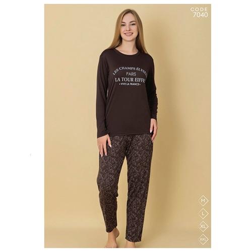 Selina 7040 Bayan Milan Desenli Uzun Kol Pijama Takımı M-2XL - Karışık Renk - M-L-XL-2XL