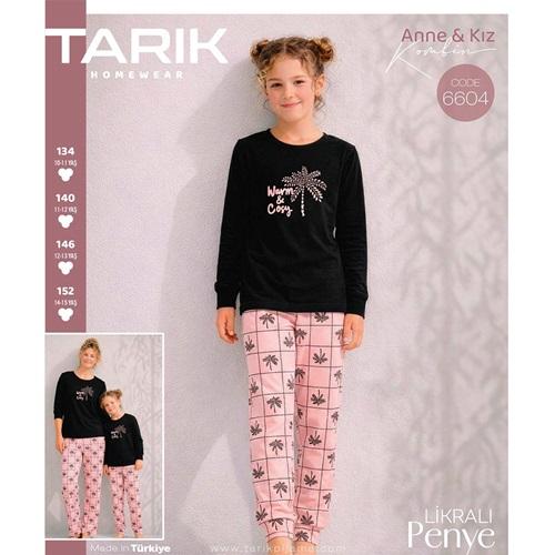 Tarık 6604 Kız Çocuk Penye Ges Palmiye Baskılı Uzun Kol Pijama Takımı 10-15 Yaş