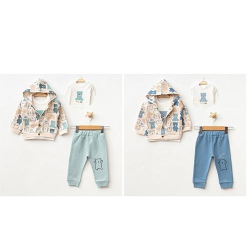 Baby Hi 642 Erkek Bebe Sevimli Ayıcıklar Baskılı Kapşonlu 3Lü Takım 9-18 Ay - 41646-Karışık Renk -9-12-18 AY
