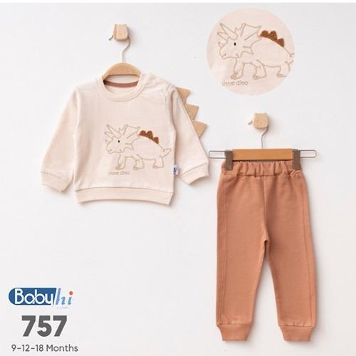 Baby Hi 757 Erkek Bebe Penye Dinazorlu Nakışlı 2Li Takım 6-18 Ay