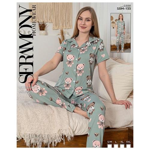Seramony Srm 133 Bayan Milan Ultra Soft Boydan Düğmeli Yarım Kol Pijama Takımı S-2XL