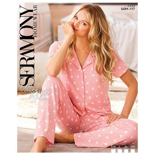 Seramony Srm 117 Bayan Milan Ultra Soft Boydan Düğmeli Yarım Kol Pijama Takımı S-2XL