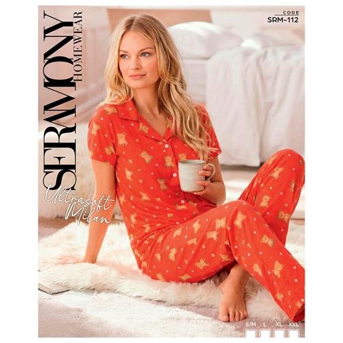 Seramony Srm 112 Bayan Milan Ultra Soft Boydan Düğmeli Yarım Kol Pijama Takımı S-2XL