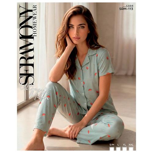Seramony Srm 113 Bayan Milan Ultra Soft Boydan Düğmeli Yarım Kol Pijama Takımı S-2XL