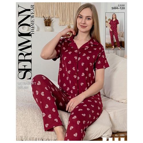 Seramony Srm 120 Bayan Milan Ultra Soft Boydan Düğmeli Yarım Kol Pijama Takımı S-2XL