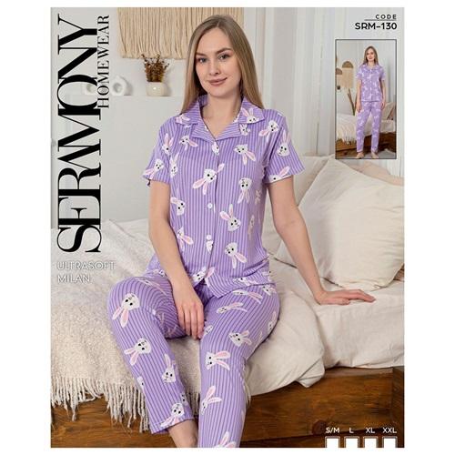 Seramony Srm 130 Bayan Milan Ultra Soft Boydan Düğmeli Yarım Kol Pijama Takımı S-2XL
