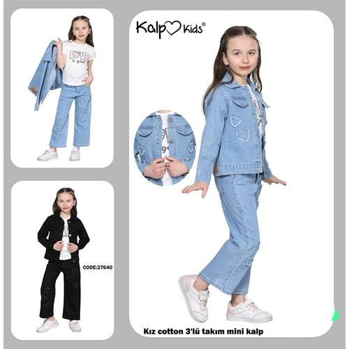 Kalp Kids 27640-2 Kız Çocuk Cotton Kalp Nakışlı 3 Lü Kot Takım 8-12 Yaş