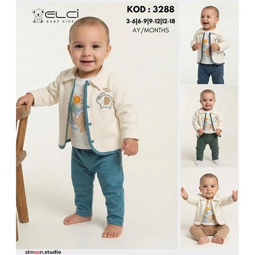 Elci 3288 Erkek Bebe Fil Nakışlı 3 Lü Takım 3-18 Ay