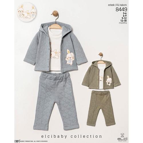 Elci 8449 Erkek Bebe Sevimli Tavşan Nakışlı Kapşonlu 3 Lü Takım 3-18 Ay