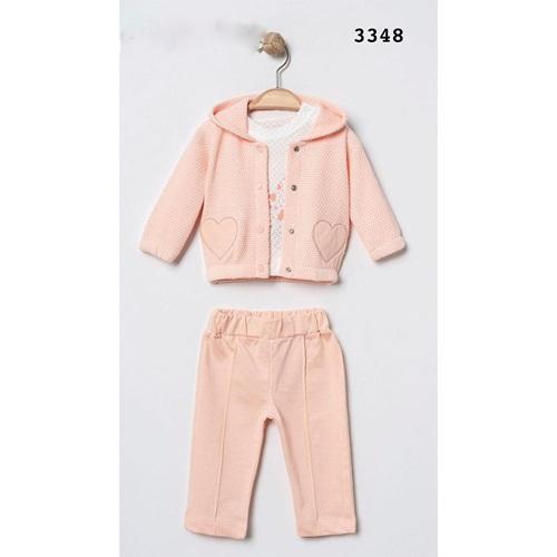 Elci 3348 Kız Bebe Kalp Nakışlı Kapşonlu 3 Lü Takım 3-18 Ay