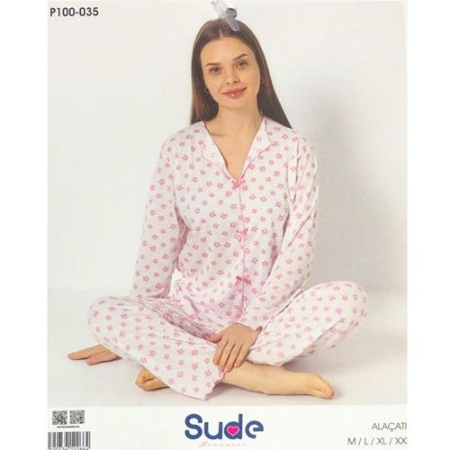 Sude P100-035 Bayan Alaçatı Gömlek Uzun Kol Pijama Takımı M-2XL
