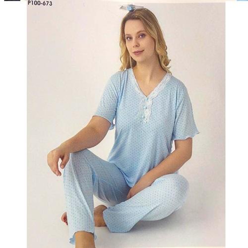 Sude P100-673 Bayan Bambu Bisiklet Yaka Kısa Kol Pijama Takımı M-2XL