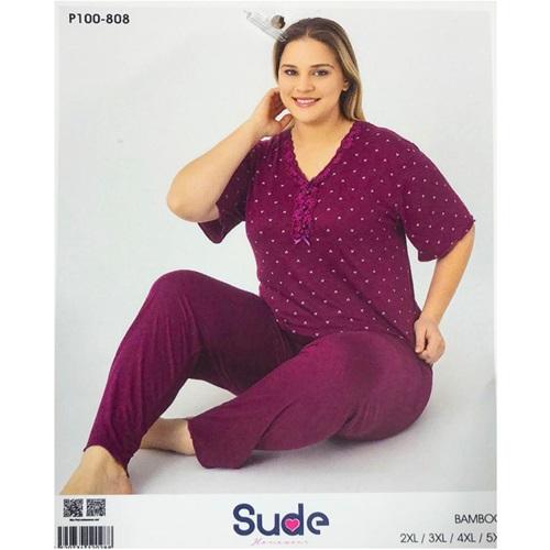 Sude P100-808 Bayan Battal Bambu Desenli Kısa Kol Pijama Takımı 2XL-5XL