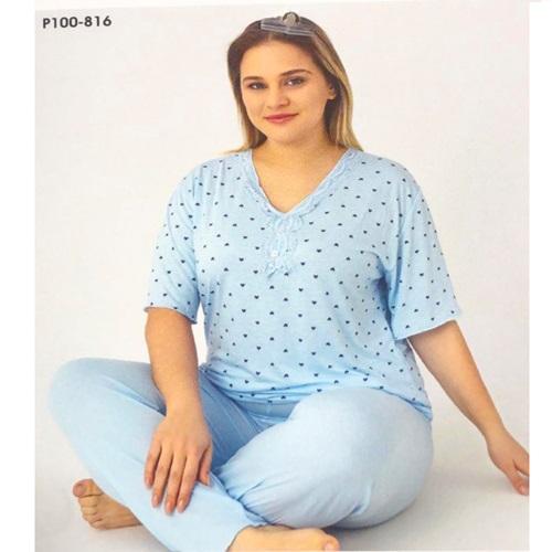 Sude P100-816 Bayan Battal Bambu Desenli Kısa Kol Pijama Takımı 2XL-5XL