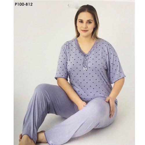 Sude P100-812 Bayan Battal Bambu Desenli Kısa Kol Pijama Takımı 2XL-5XL