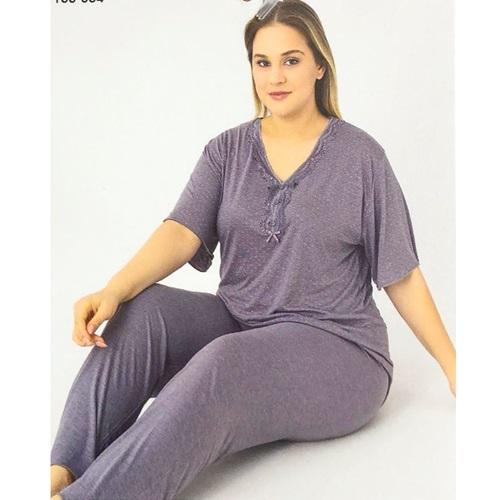 Sude P100-804 Bayan Battal Bambu Desenli Kısa Kol Pijama Takımı 2XL-5XL