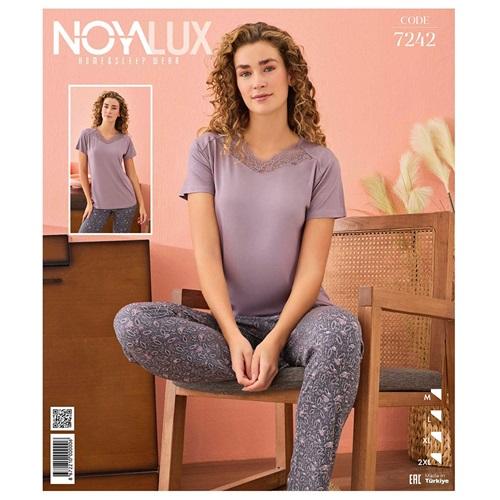 Noya Lux 7242 Bayan Penye Dantelli Kısa Kolu V Yaka Pijama Takımı M-2XL