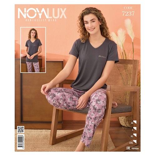 Noya Lux 7237 Bayan Penye Nakışlı Kısa Kolu V Yaka Pijama Takımı M-2XL