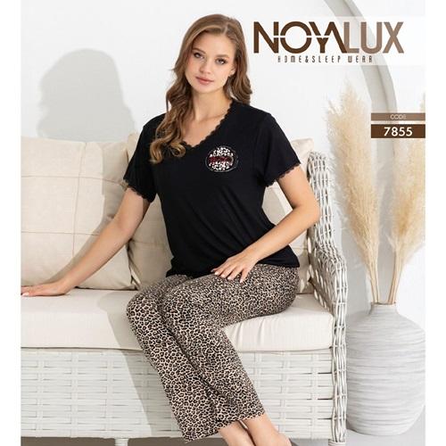 Noya Lux 7855 Bayan Penye Yaka Dantelli Kısa Kol Pijama Takımı M-2XL