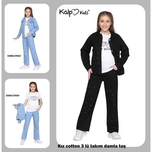 Kalp Kids 27654-1 Kız Çocuk Cotton DamlaTaşlı Baskılı 3 Lü Kot Takım 3-7 Yaş