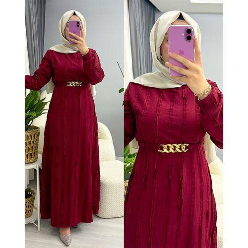 Nisanur Bayan Fırfırlı Kemerli Uzun Kollu Elbise M-2XL