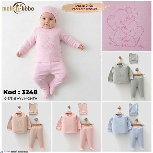 Melish Bebe 3248 Bebe Penye Sevimli Fil Baskılı Patikli Zıbın Takım 0-3-6 Ay
