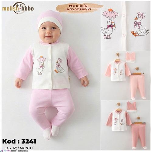 Melish Bebe 3241 Bebe Penye Sevimli Ördek Baskılı Patikli Zıbın Takım 0-3-6 Ay