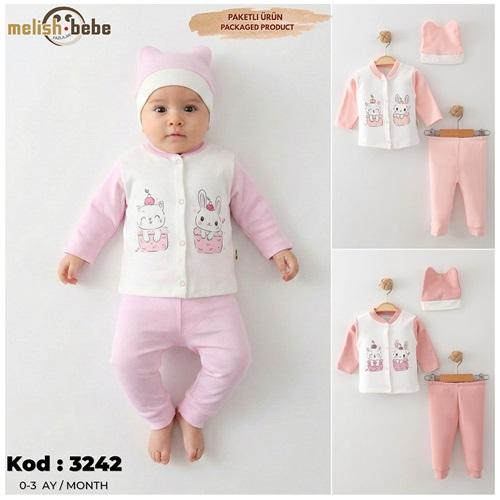 Melish Bebe 3242 Bebe Penye Sevimli Tavşan Baskılı Patiksiz Zıbın Takım 0-3-6 Ay