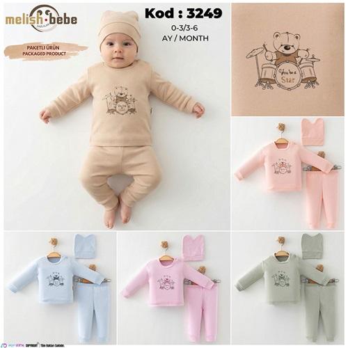 Melish Bebe 3249 Bebe Penye Sevimli Baterist Ayıcık Baskılı Patiksiz Zıbın Takım 0-3-6 Ay
