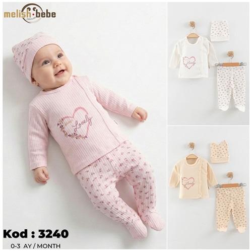 Melish Bebe 3240 Bebe Penye Raporlu Çiçek Baskılı Patikli Zıbın Takım 0-3-6 Ay