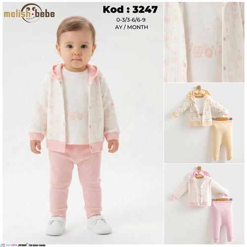 Melish Bebe 3247 Bebe Penye Raporlu Çiçek Desenli Hırkalı 3 Lü Takım 3-9 Ay