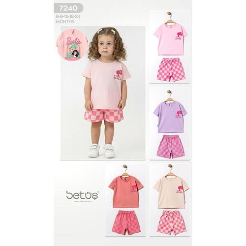 Kids Wear 7240 Kız Bebe Penye Süzine Barbie Nakışlı Şortlu Takım 6-18 Ay