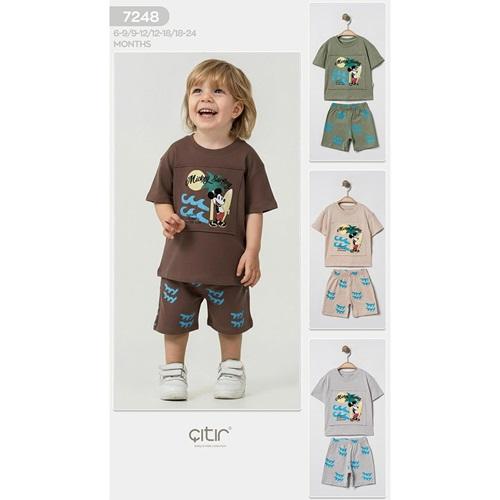 Kids Wear 7248 Erkek Bebe Penye Mickey Mouse Surfing Baskılı Şortlu Takım 6-18 Ay
