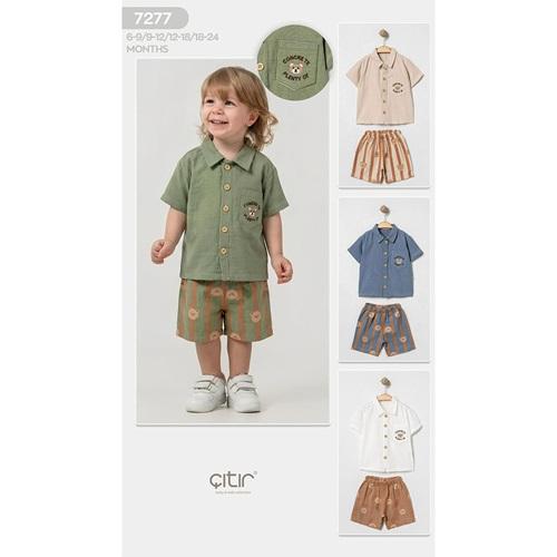 Çıtır Kids 7277 Erkek Bebe Müslin Sevimli Ayıcık Nakışlı Gömlekli Şortlu Takım 6-18 Ay