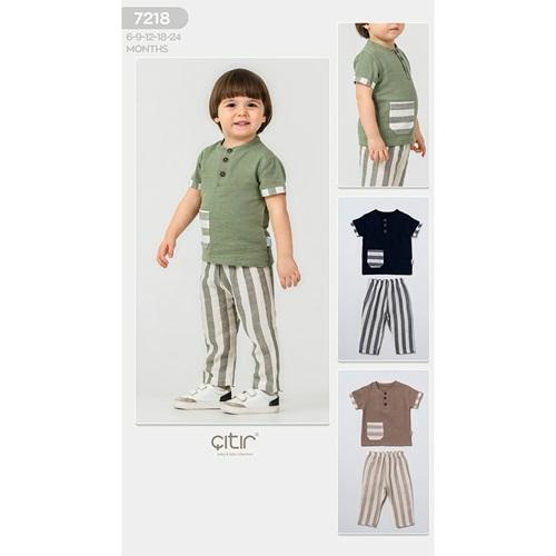 Çıtır Kids 7218 Erkek Bebe Keten Çizgili Takım 6-18 Ay