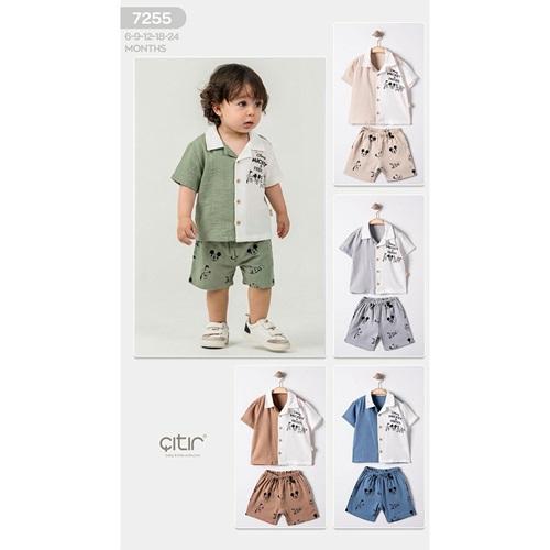 Kids Wear 7255 Erkek Bebe Müslin Mickey Mouse Baskılı Şortlu Takım 6-18 Ay