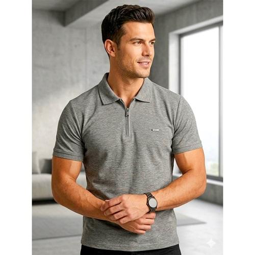 By Alaz 610 Erkek Kağı Kumaş Armalı Yaka Fermuarlı Tişört S-2XL