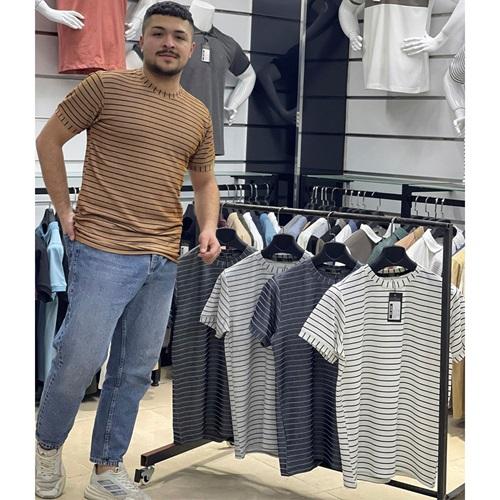 By Alaz 422 Erkek Jakar Kumaş Çizgili Simit Yakalı Tişört S-2XL