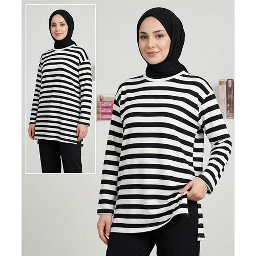 Nisanur Bayan Viskon Çizgili Sıfır Yaka Uzun Kol Tunik M-2XL