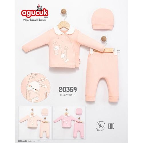Agucuk Baby 20359 Kız Bebe Penye Sevimli İki Tavşan Nakışlı Patiksiz Takım 0-3 Ay