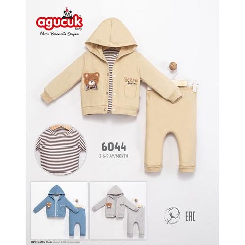 Agucuk Baby 6044 Erkek Bebe Penye Süzine Sevimli Ayıcık Nakışlı 3 Lü Takım 3-9 Ay